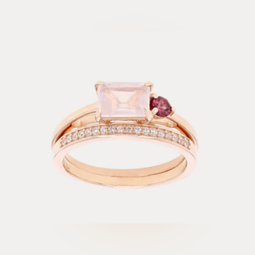 Rose Quartz 18k Rose Gold Over Sterling Silver Ring Set 0.22ctw